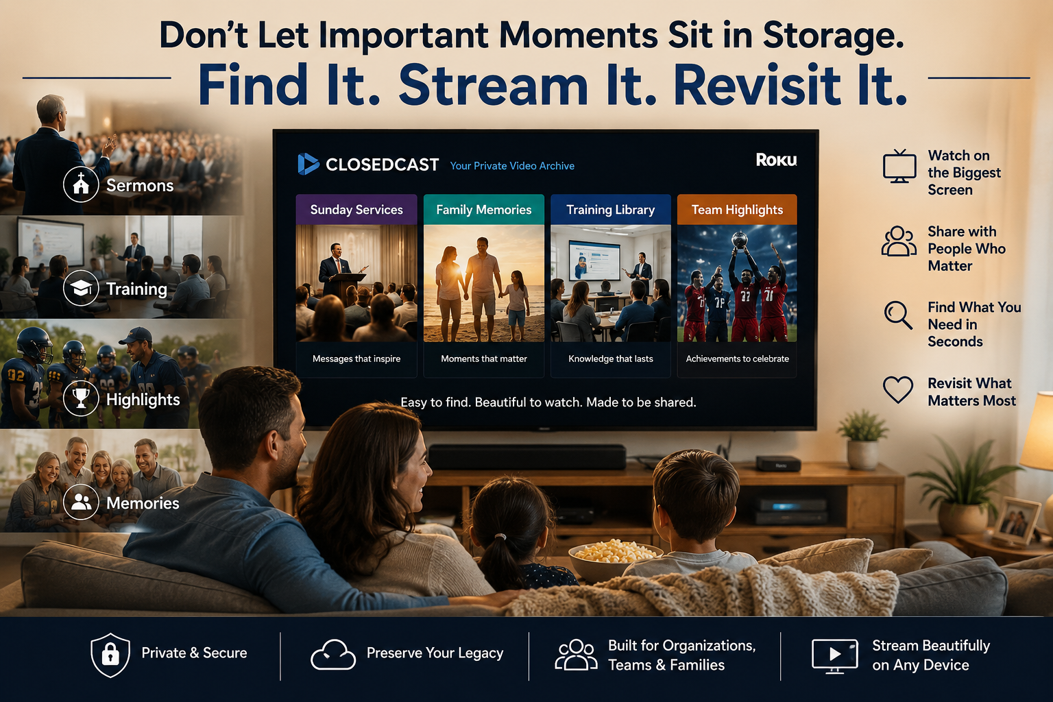 ClosedCast search experience for finding videos inside an organized private streaming archive