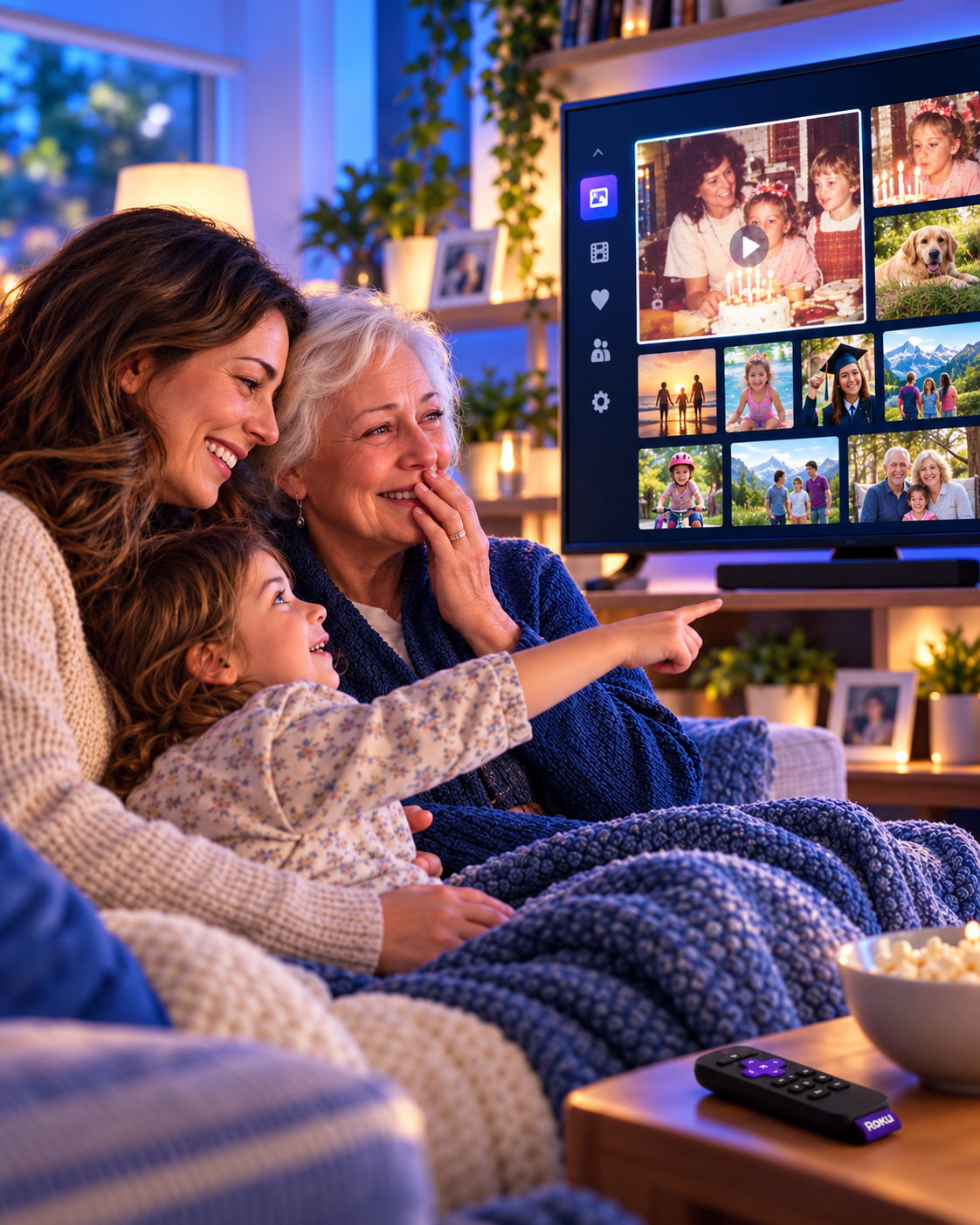 A grandmother, her daughter, and a child enjoy a private collection of family memories displayed on a Roku TV