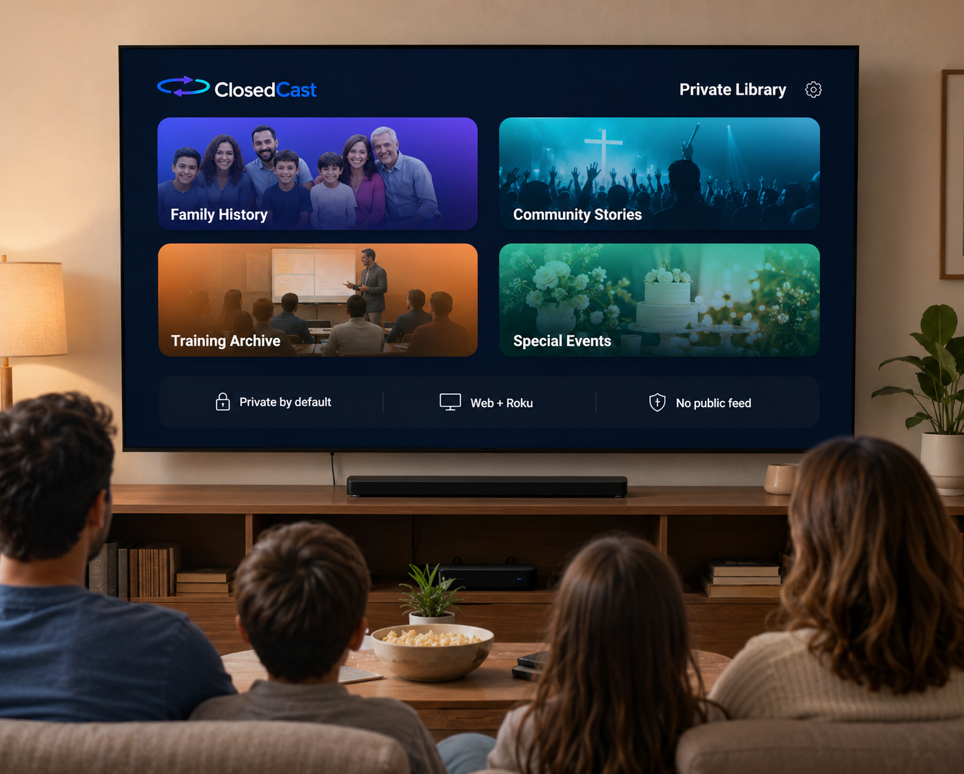 Private streaming video library displayed on a television screen
