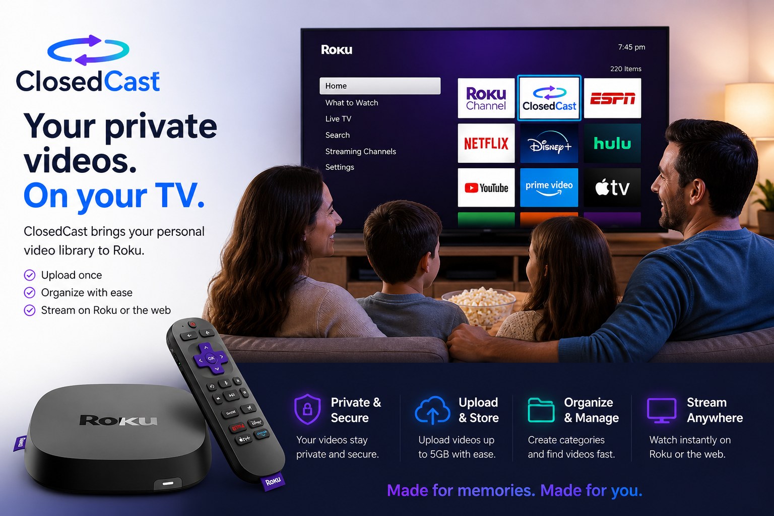 ClosedCast app tile highlighted on Roku home screen